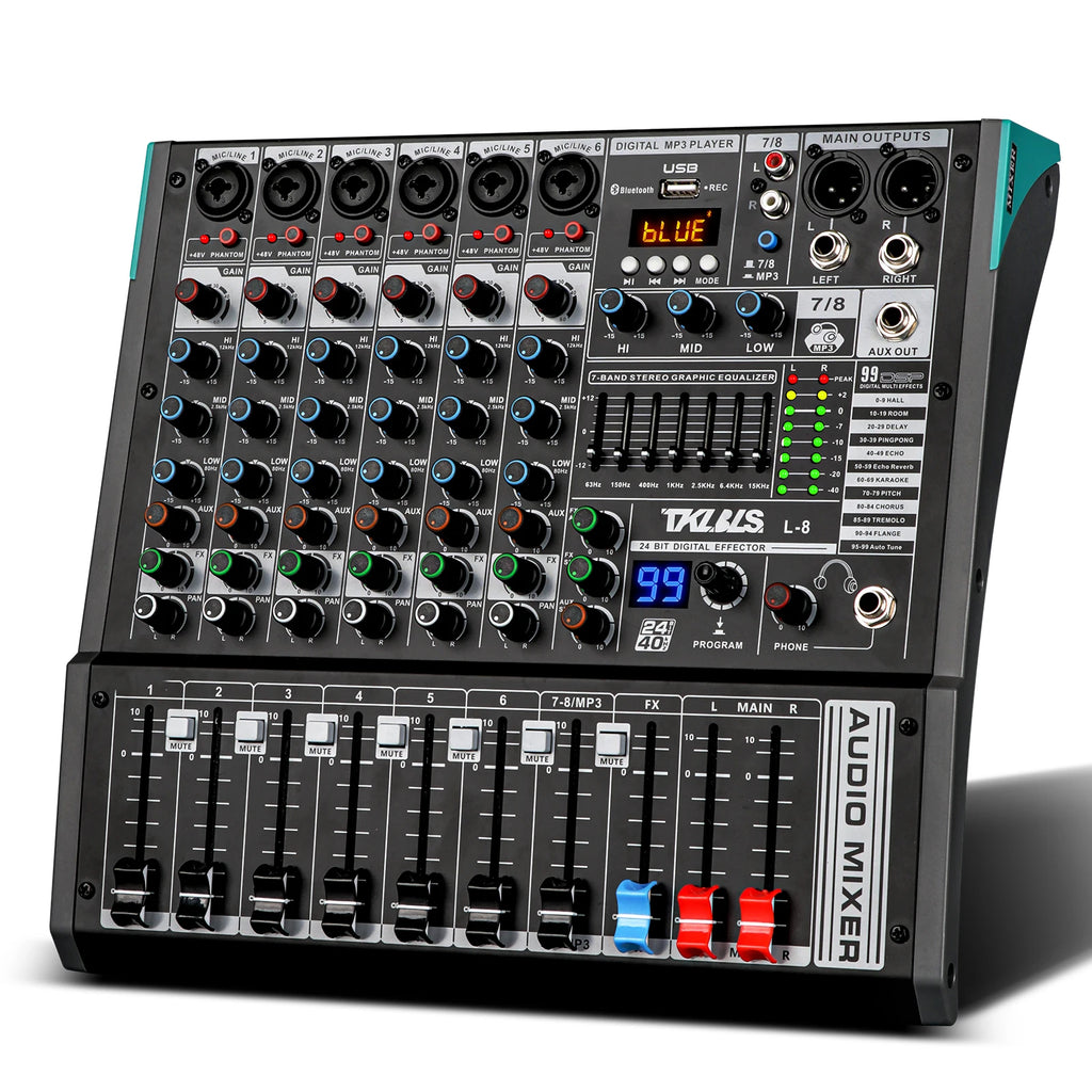 TKLBLS L8 Professional Audio Mixer Bluetooth 99 DSP Effects DJ 8 Channel Mixing Console USB 48V church