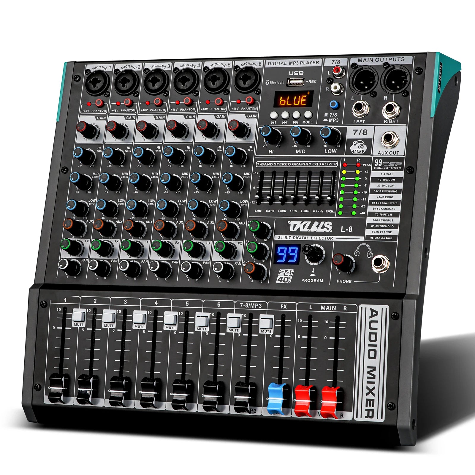 TKLBLS L8 Professional Audio Mixer Bluetooth 99 DSP Effects DJ 8 Channel Mixing Console USB 48V church