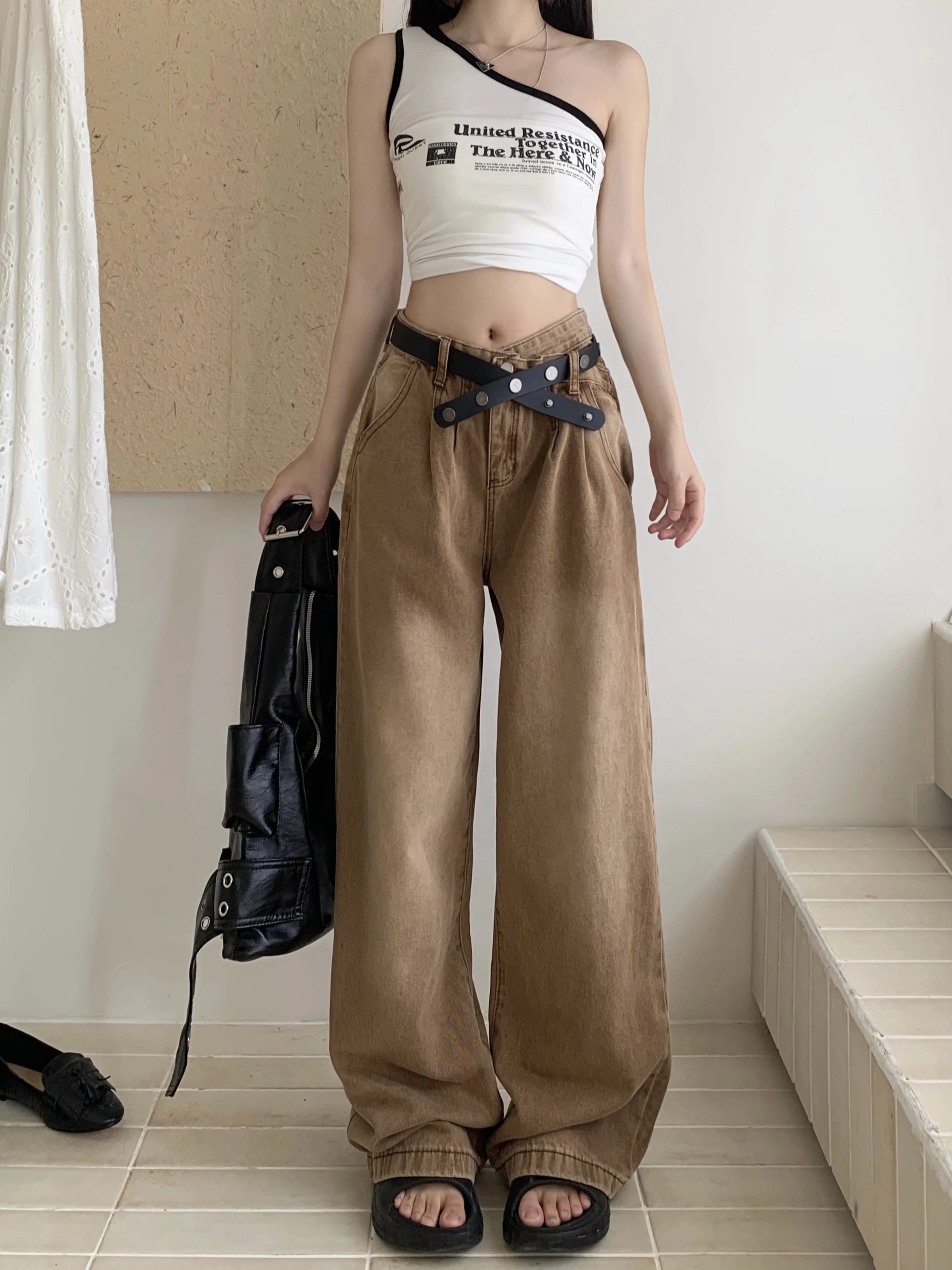 New Solid Color Slim Belt Women Jeans Simple Basic Dark Brown Straight Pants Chicly Fashion Street Casual Loose Woman Jeans