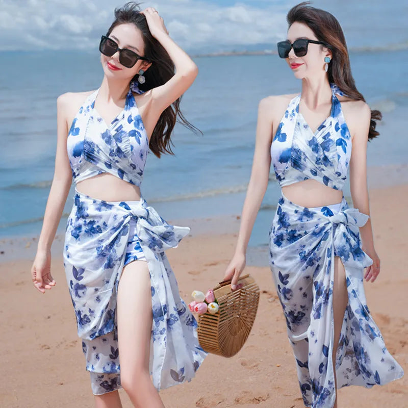 Bikini Sets Women Halter Floral Printed Three Pieces Split Swimsuit Korean Fashion Elegant Beach Style Slim Sexy Hot Girls Soft