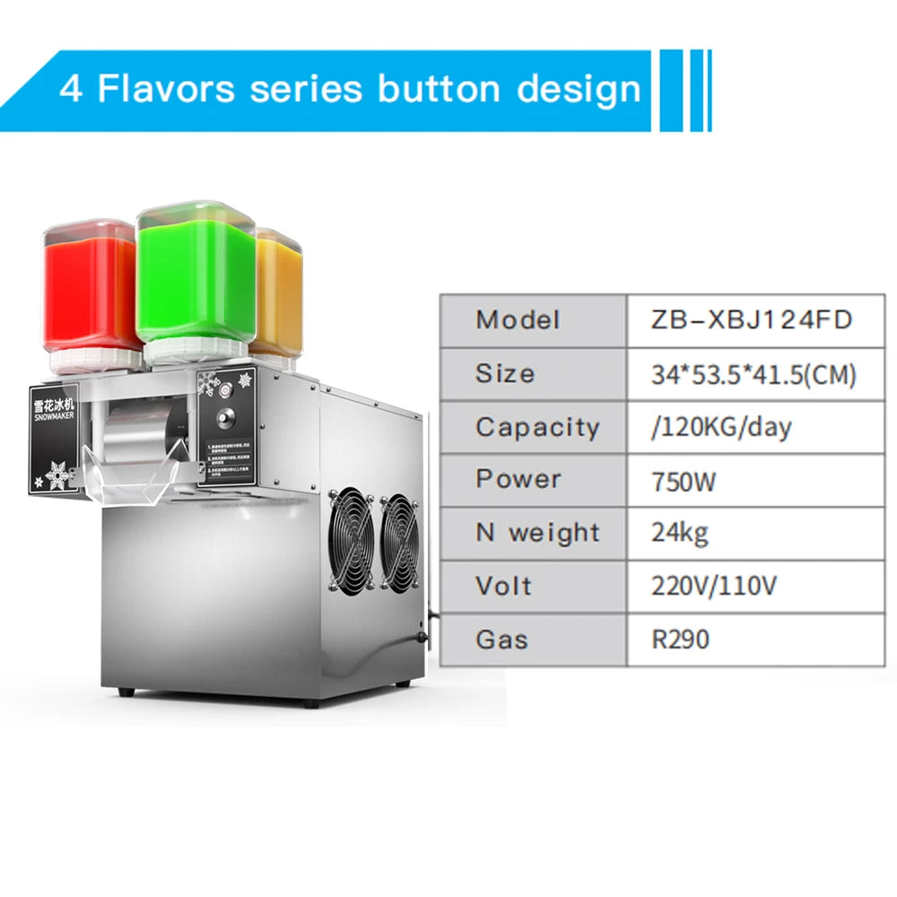 Commercial Snowflake Ice Cream Machine 4 Barrels Rainbow Color Ice Shaver Maker Raspados Hielo