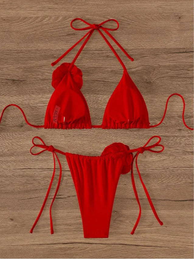 Sexy Bikini Set Women Swimsuit Black White 3D Floral Print Micro Bikinis Brazilian Cutout Beach Bathing Suit Thong Swimwear