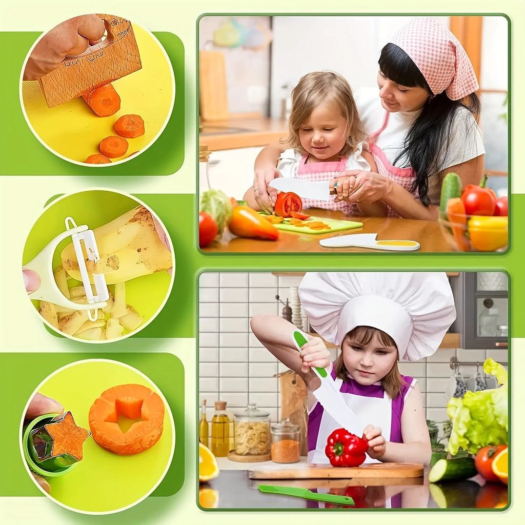 13 pieces Montessori Kitchen Tools Cooking Set - Real Toddler Safe Knives, Crinkle Cutter, Cutting Board - Safe for Real Cooking