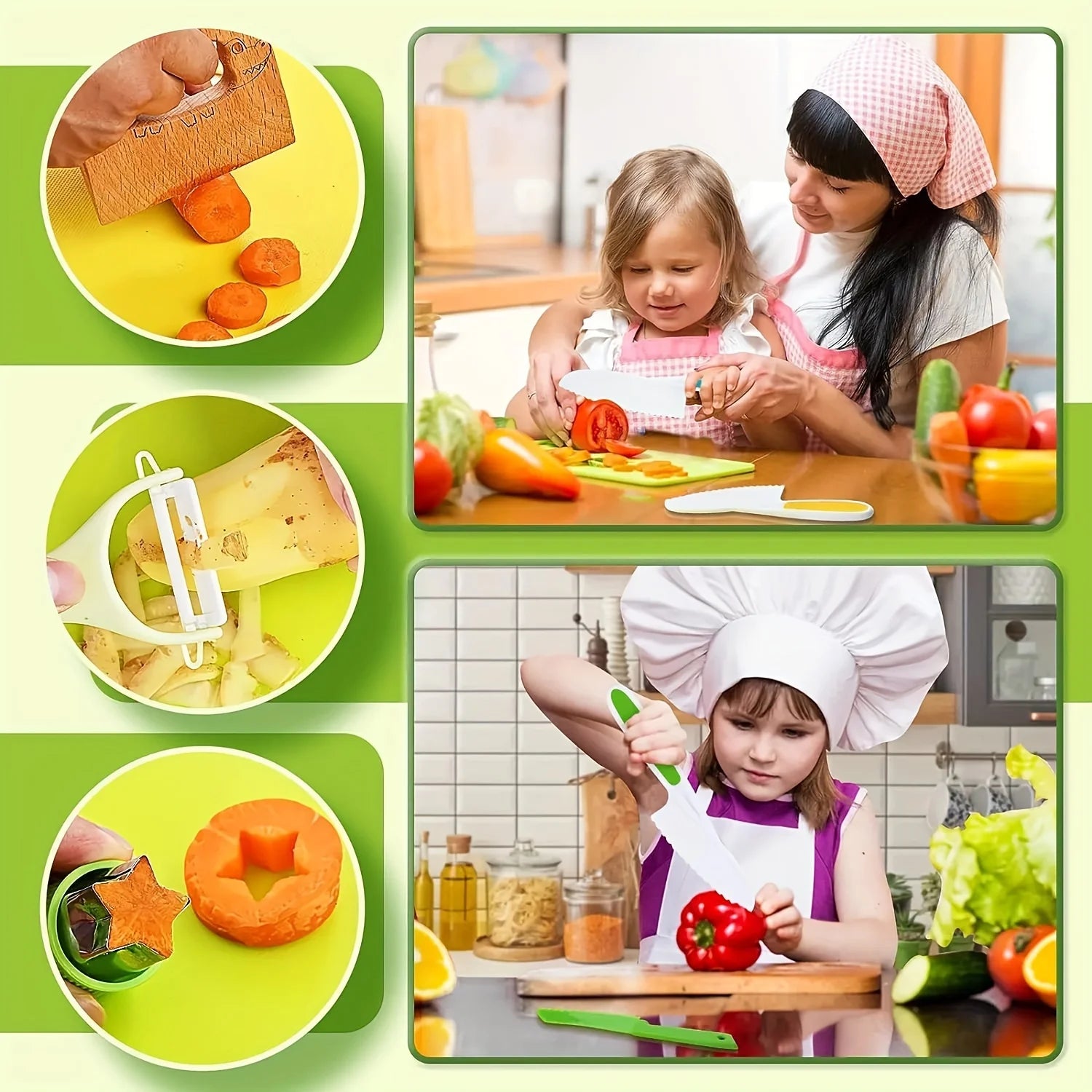 13 pieces Montessori Kitchen Tools Cooking Set - Real Toddler Safe Knives, Crinkle Cutter, Cutting Board - Safe for Real Cooking