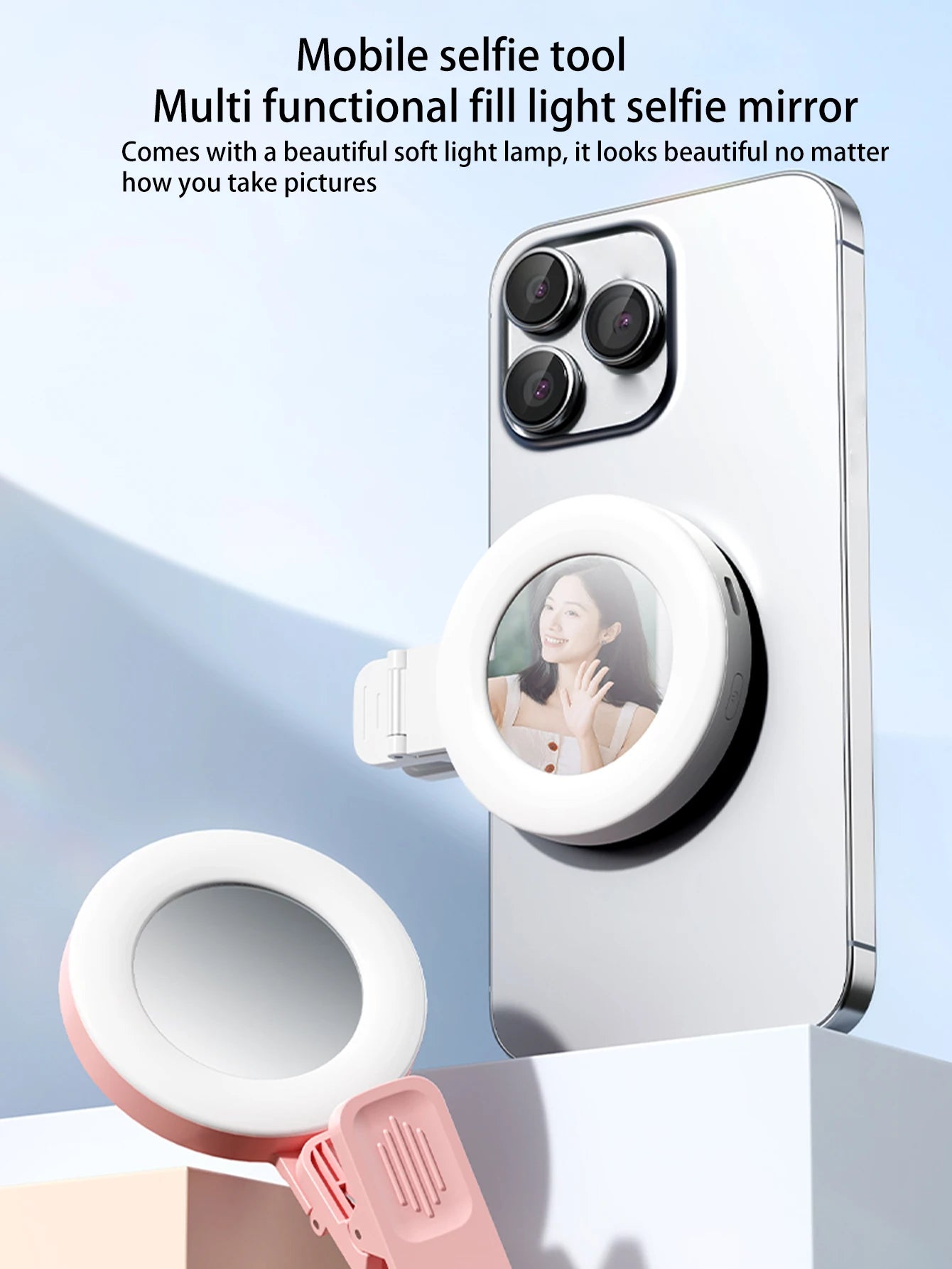 A must-have selfie lighting device for influencers' live streaming Combining a rear selfie mirror and a clip-on light to optimiz