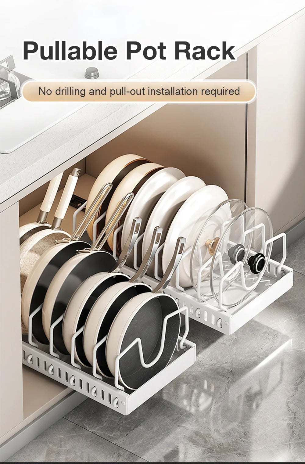 Kitchen Multifunctional Organizer - Pull-Out for Pots/Pans, Sliding Lid Holder, Spice Rack & Dish Drying Racks Drawer Organizer
