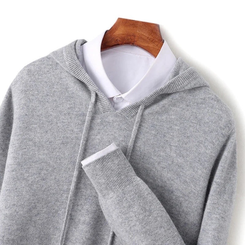 Autumn/Winter Men's Hooded Jumper 100% Merino Wool Knitted Sweatshirt Casual Large Top Long Sleeve Sweater Knitted Top