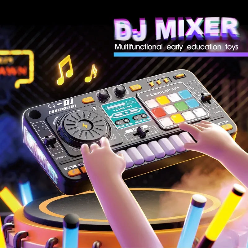 Kid DJ Mixer with Microphone Multifunctional Electronic Piano Keyboard Bluetooth DJ Turntable Controller Kid Musical Instrument
