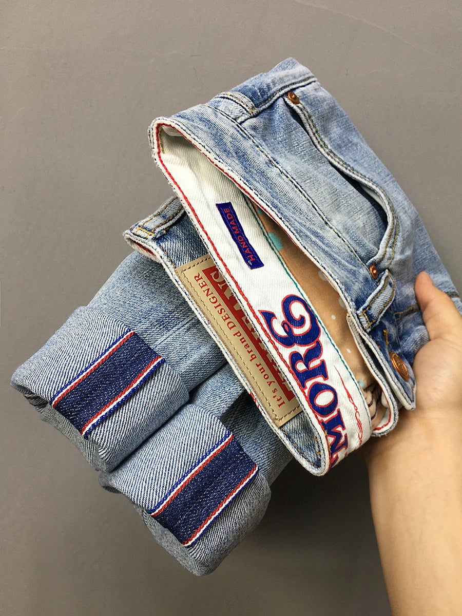 Summer Thin 11oz Red Selvedge Denim Jeans for Men 94% Cotton Micro Stretch Slim Fit Straight Light Pants 24ss Y2k Youth Male 5KM
