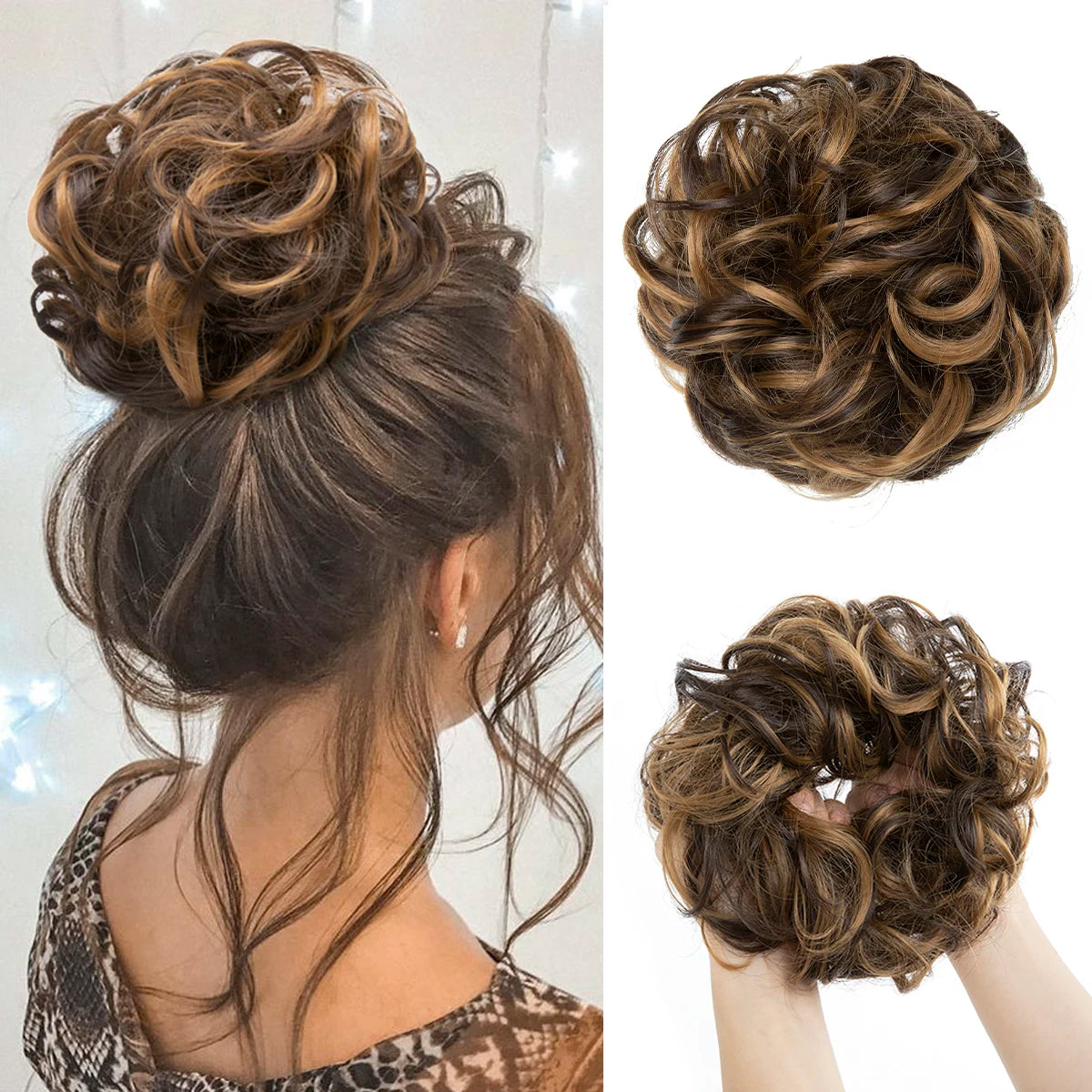 Synthetic Messy Updo Chignon Premium Big Curly Elastic Hair Scrunchies Hairpieces Donut Updo Blonde Brown Hair Pieces For Women