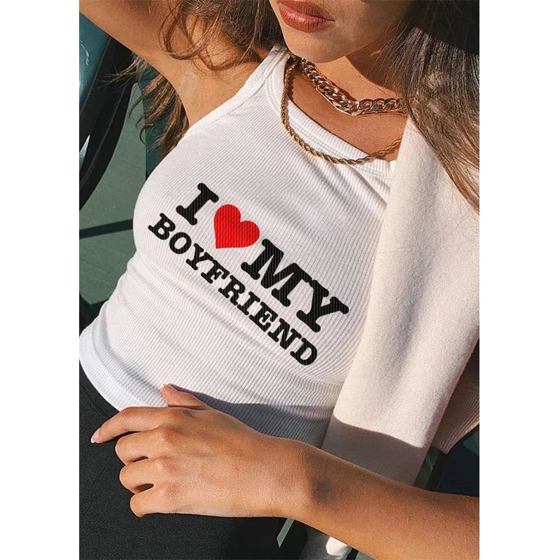 Y2k Summer Girl 2000s Crop Top I Love MY BOYFRIEND Graphic Sexy Sling Tank Top Korean Fashion Gothic Vintage Aesthetic Clothing