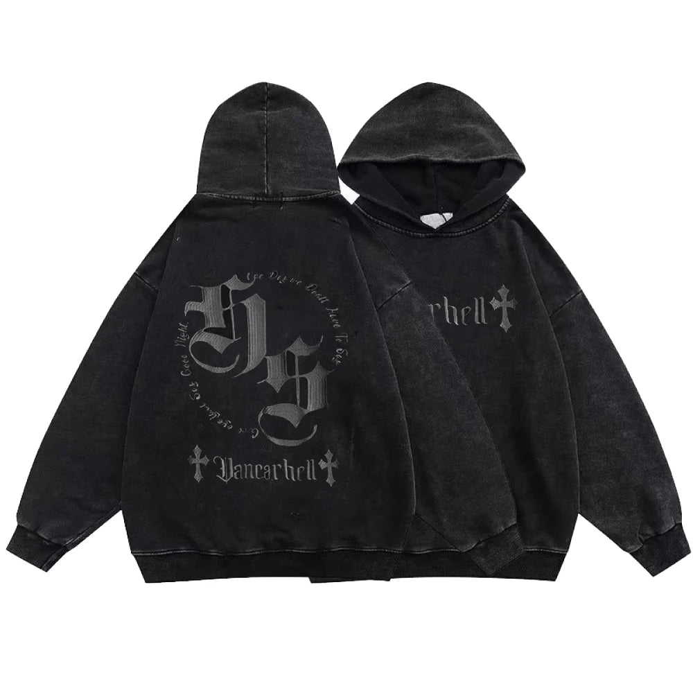 Gothic Style Hoodies Vintage Washed Letter Cross Y2K Sweatshirts Hip Hop Streetwear Long Sleeve Pullover Oversized Harajuku Tops