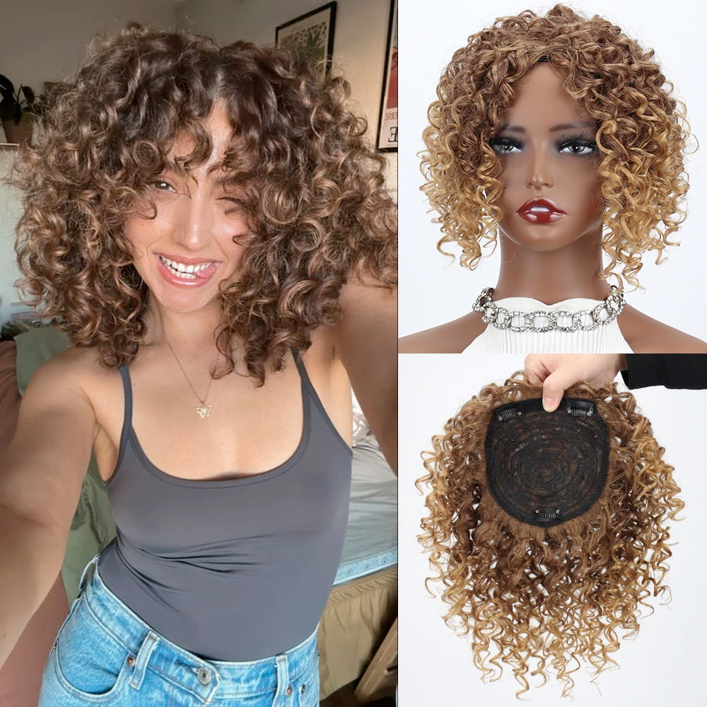 Synthetic Short Afro Curly Hair Toppers Brown Blonde Mixed Color Hair Toupee Hair Piece For Women and Men Increase Hair Volume