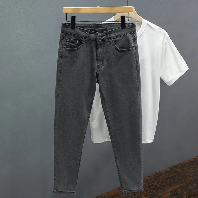 Slim Fit Men's Jeans Spring Summer Thin Cotton Soft Elastic Trendy Ankle Length Pants Straight Korean Simple Denim Trousers