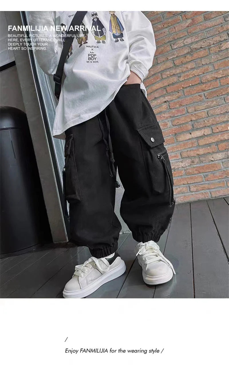 Boys Casual Cargo Pants Spring Autumn Big Kids Sport Long Pants Teenage Streetwear Baggy Trousers Children Fashion Joggers Pants