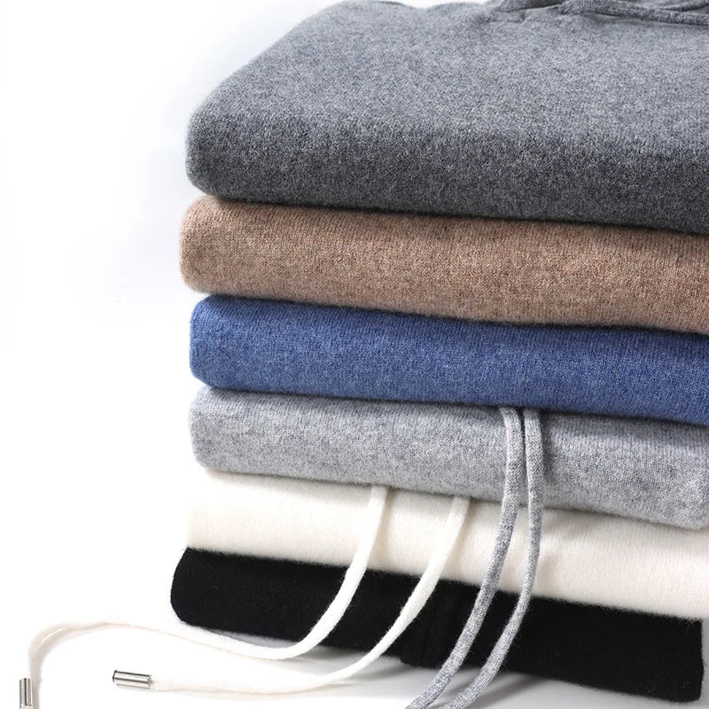 Autumn/Winter Men's Hooded Jumper 100% Merino Wool Knitted Sweatshirt Casual Large Top Long Sleeve Sweater Knitted Top
