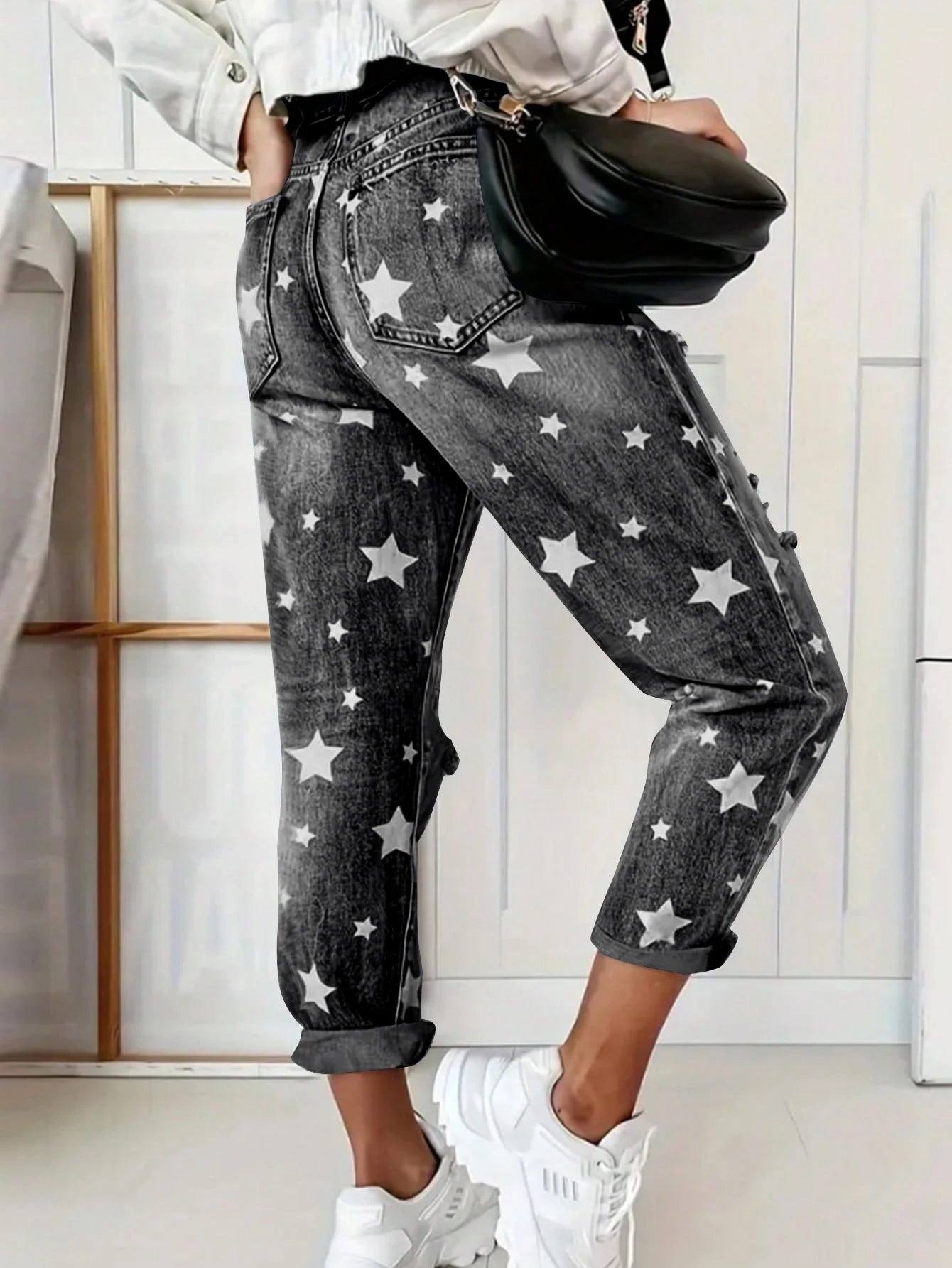 New Boyfriend Jeans Women's Slim Fit Ripped Jeans Fashion Women's Five-pointed Star Ripped Jeans Street Casual Blue Jeans 2025