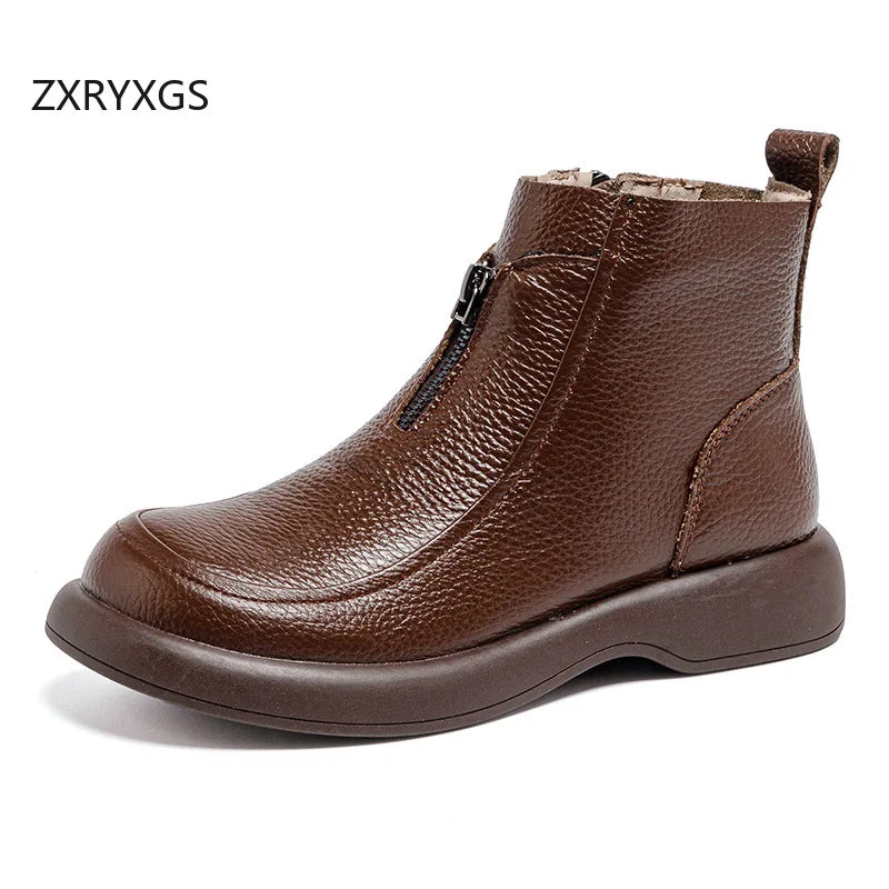ZXRYXGS 2025 Autumn Winter Boots Women's Genuine Leather Boots Flat Heel Soft Sole Non-Slip Comfortable Short Boots Trendy Shoes