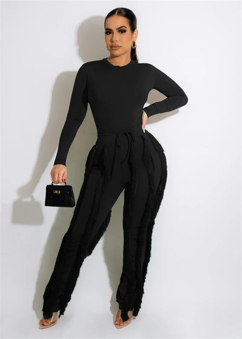 Elegant 2 Piece Sets Women Outfit 2025 Fall Winter Long Sleeve Bodysuit Top and Tassel Pants Matching Sets Ensembles Pantalons