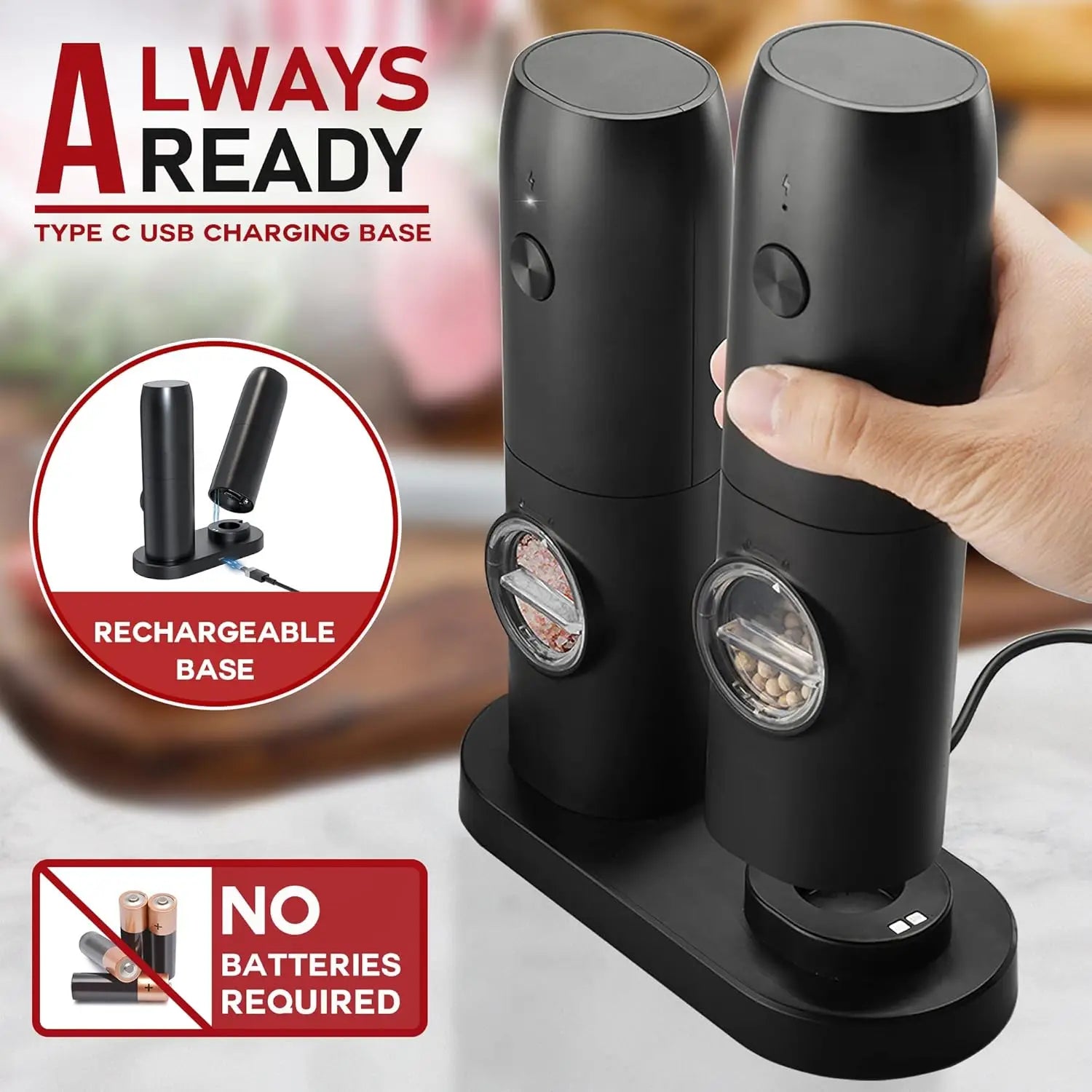 USB Charging Electric Salt and Pepper Grinder Rechargeable Adjustable Coarseness Automated Spice Mill for Kitchen Cooking Dining