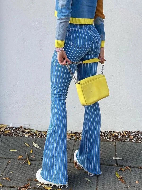 American Style Retro High-waisted Striped Skinny Jeans Female New Autumn Spice Girl Slimming Microhorn  Long Pants Jeans Y2k