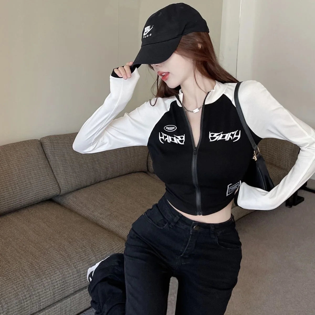Y2K Vintage T-shirt Women Spring Long Sleeve O Neck Crop Top Korean Fashion Vintage High Street Zip Up Tees Streetwear DF4937