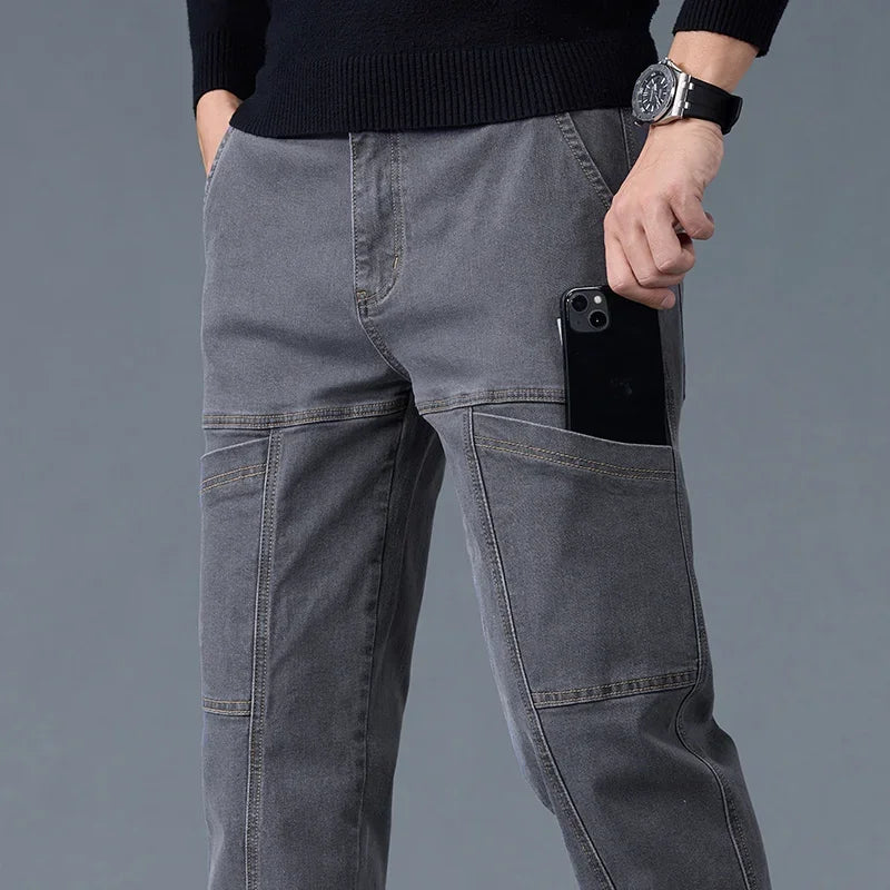 2025 New Style Jeans Men's Slim Fit Korean Style Comfortable Straight Leg Elastic Gray Mid Waist Pants Men's Casual Denim Pants