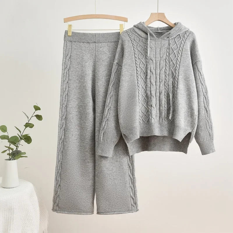 High Waist Sweatpants Outfit New Fall Winter Knitted 2 Piece Sets Women Casual Hooded Knitwears Sweater Pullover Tops Conjuntos