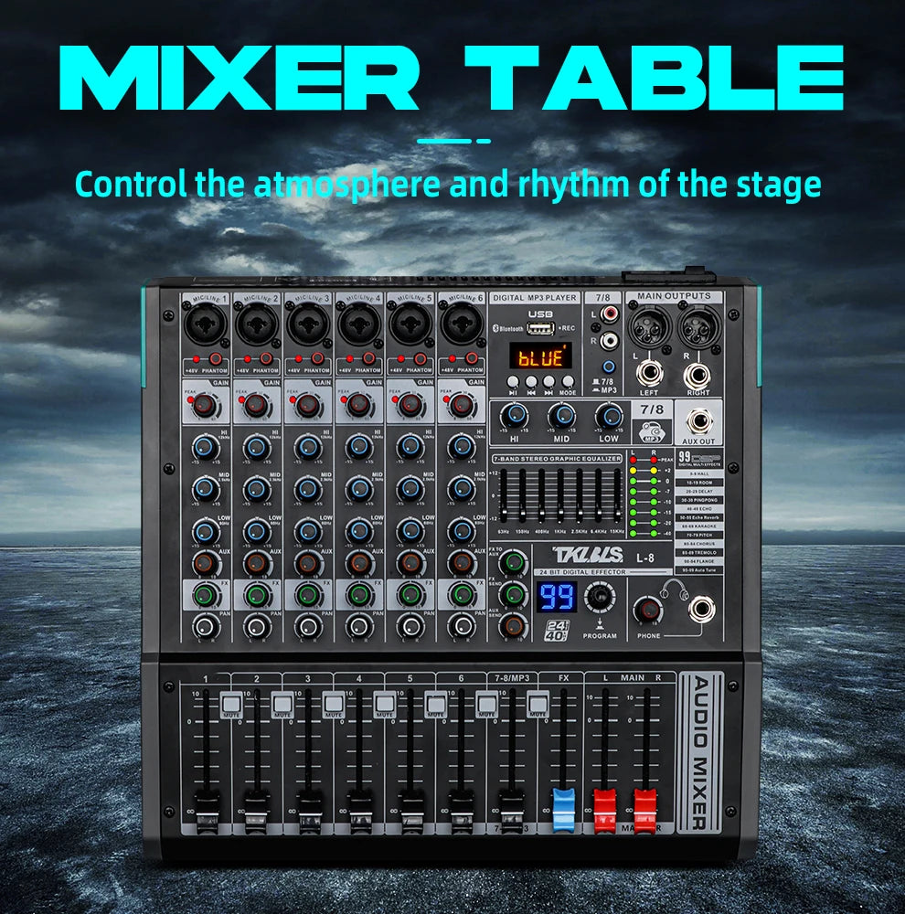 TKLBLS L8 Professional Audio Mixer Bluetooth 99 DSP Effects DJ 8 Channel Mixing Console USB 48V church