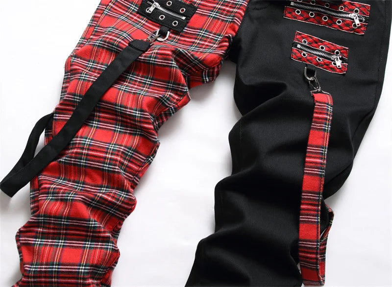 Jeans Men New Suspender Color Blocking Slim Fit Hip-hop Personality Funny Design for Men's Denim