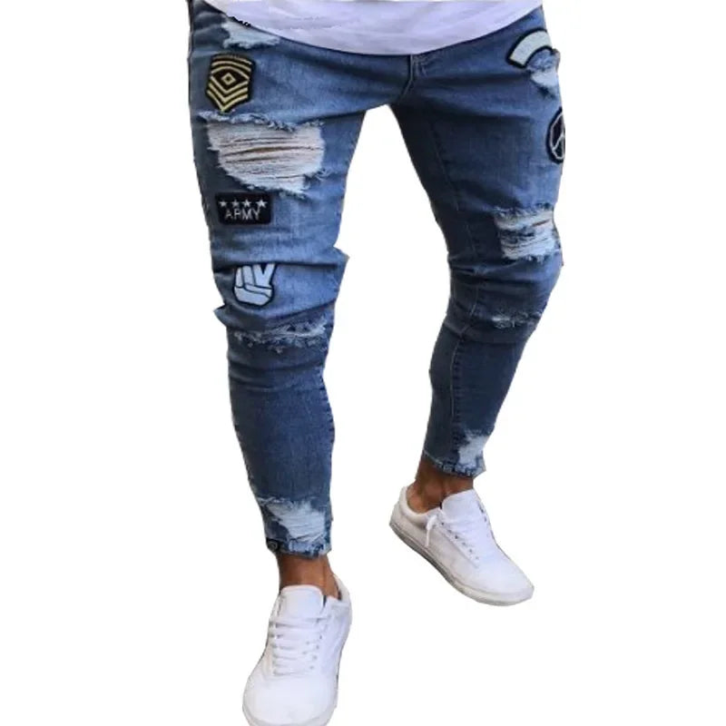 Mens Skinny Ripped jeans Slim scarification Blue Denim Pencil Pants Street hip-hop denim trousers fashion cowboy clothing men
