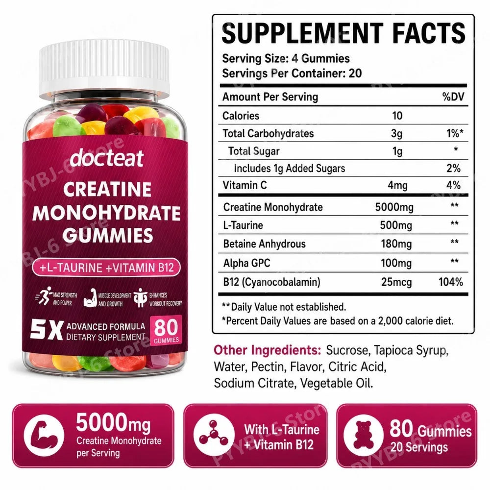 Creatine Monohydrate Gummies 80 Count with Taurine Vitamin B12 Chewable Sports Nutrition Supplement for Muscle & Energy Support