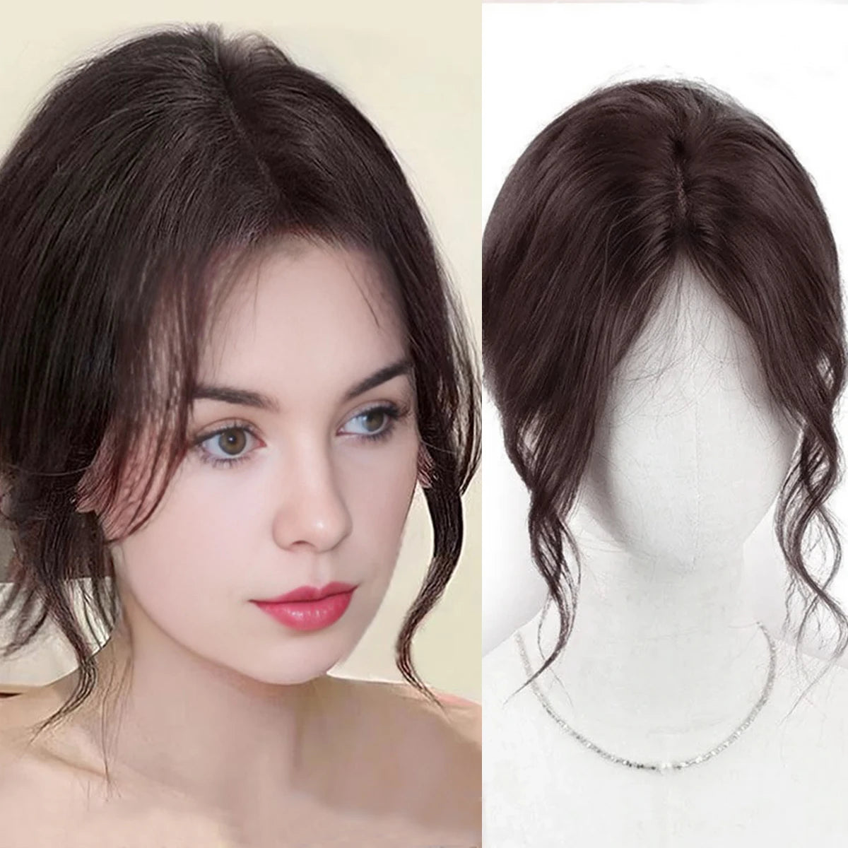Synthetic Topper with Bangs S Curly 3D French banks Women's Hairpiece Clip In Extension For Hair Volume Non-Remy Machine