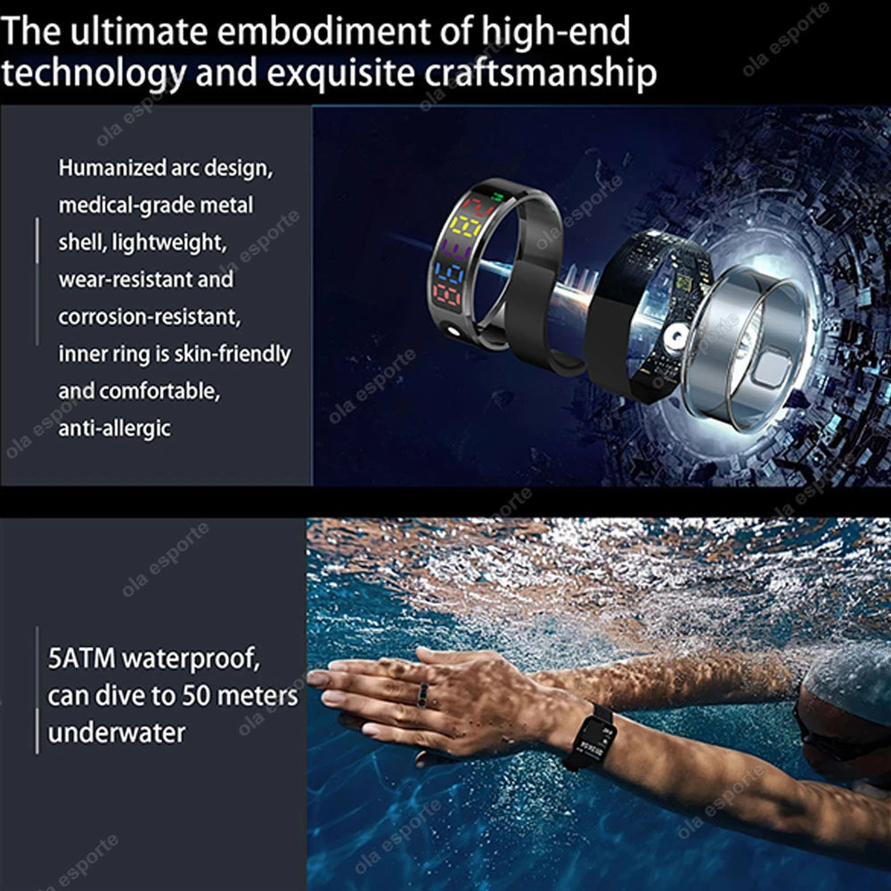 R12 Smart Ring With LED Screen Bluetooth Health Monitor Blood Oxygen Sleep Heart Rate Multi-sport Mode Waterproof IP68&5ATM ring