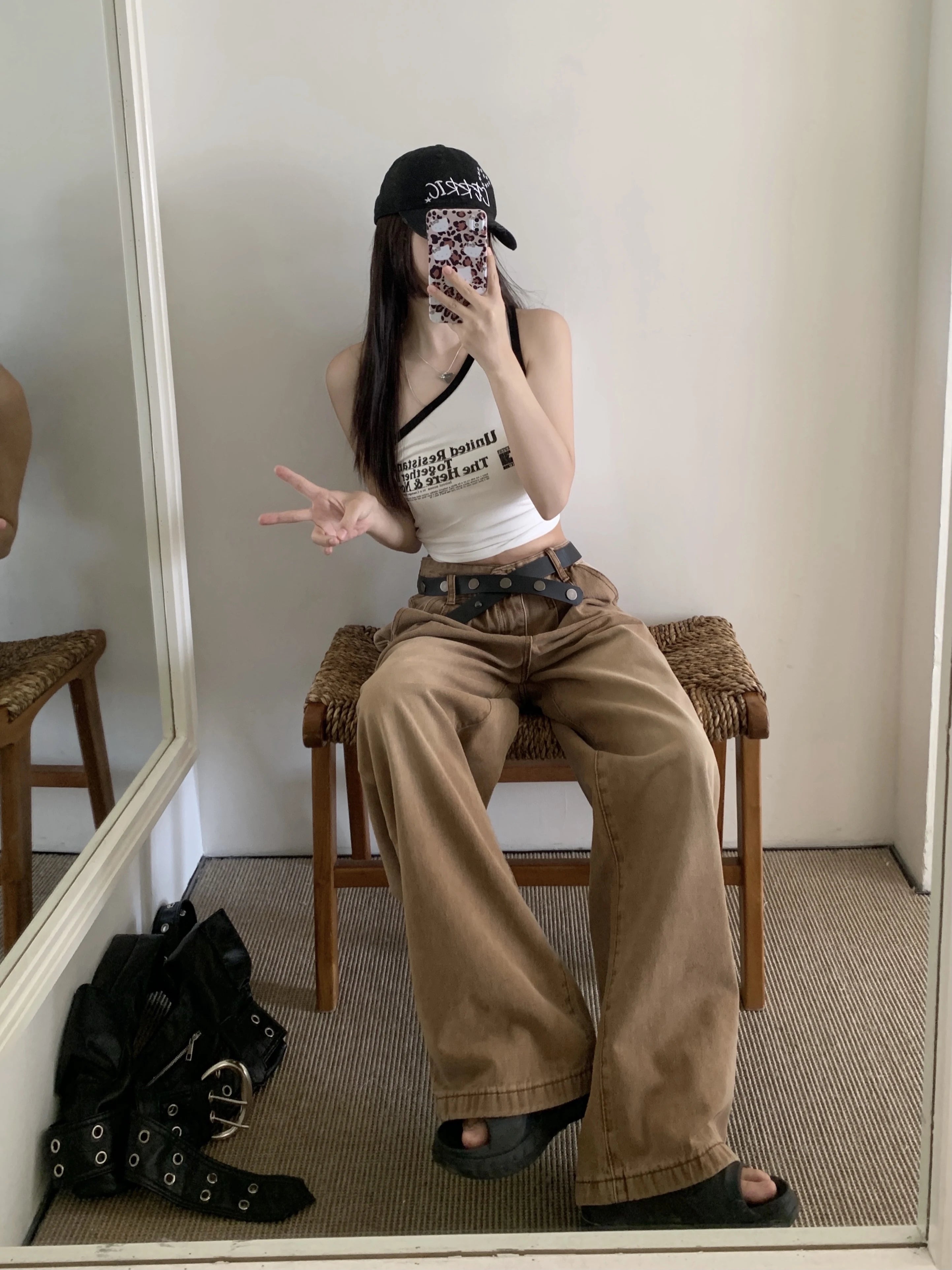 New Solid Color Slim Belt Women Jeans Simple Basic Dark Brown Straight Pants Chicly Fashion Street Casual Loose Woman Jeans