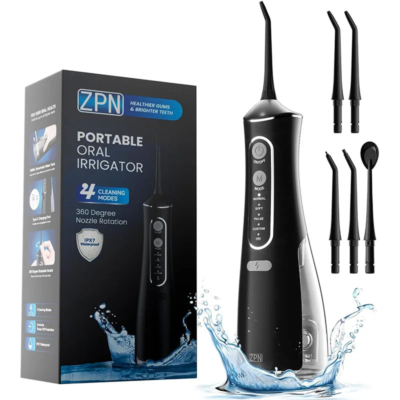 Oral irrigator, portable dental water flosser, USB rechargeable water jet flosser, toothpick with 4 modes and 5 nozzles