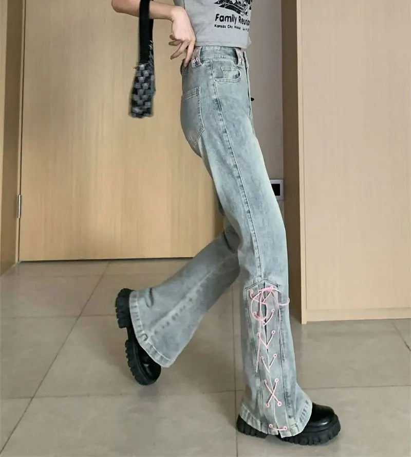 Y2k Pink Fashionable Lace-up Flared Jeans Autumn New High Waist Bootcut Denim Pants Female Clothing Korean Slim Vintage Trousers