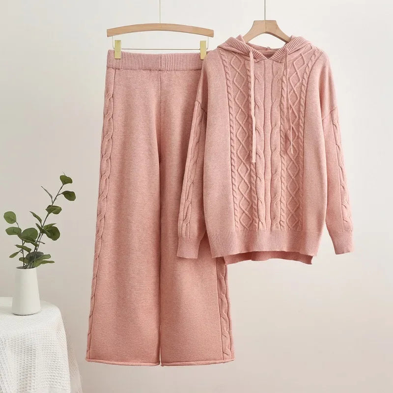 High Waist Sweatpants Outfit New Fall Winter Knitted 2 Piece Sets Women Casual Hooded Knitwears Sweater Pullover Tops Conjuntos