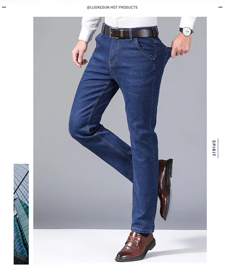 Men Fashion Straight Jeans Mens 2025 New Stretch Slim Fit Pants Comfortable Soft Business Denim Trousers Male Brand Clothing