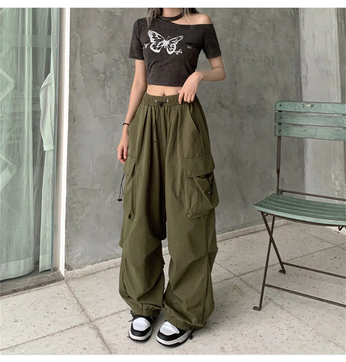 Red Big Pockets Cargo Pants Women High Waist Loose Streetwear Baggy Tactical Trouser Fashion Hip Hop Joggers Trousers Female