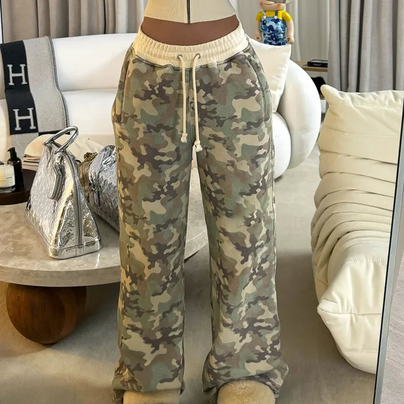 Women 2 Piece Sets Hooded Coat Straight Pants Camouflage Outfits Drawstring Zipper Jacket Tracksuit 2025 Streetwear Ensemble