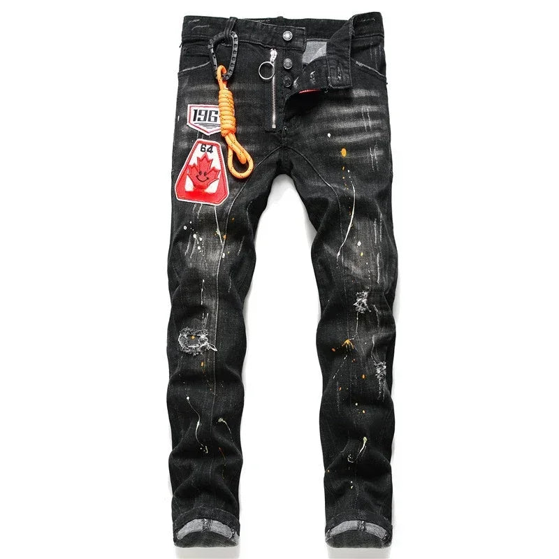 Men Black Ripped Denim Jeans Italian High Street Style Holes Jeans Denim Pants High Quality Male Slim Fit Denim Trousers Size 38
