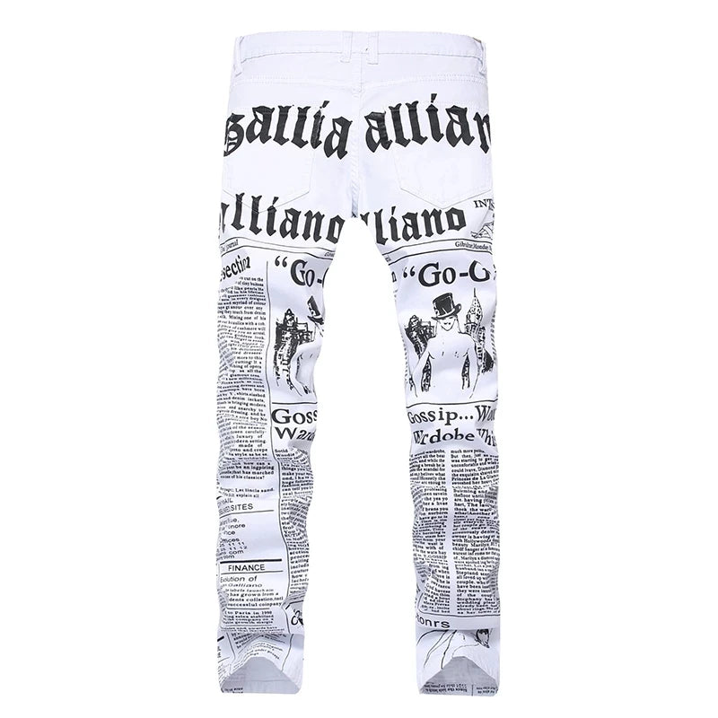 New Men Jeans Slim Fit Biker White Jeans Trousers Skinny Jeans Punk Letter Printing Denim Pants Plus Size 42 Dropshipping