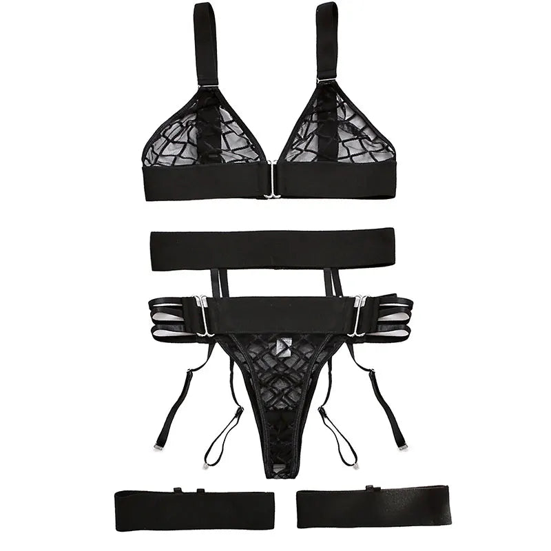Women's Sheer Bra, Panty & Garter Lingerie Set