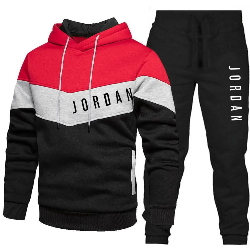 New autumn and winter patchwork hooded sweatshirt set for men, fleece sweatshirt + casual pants fitness two-piece set
