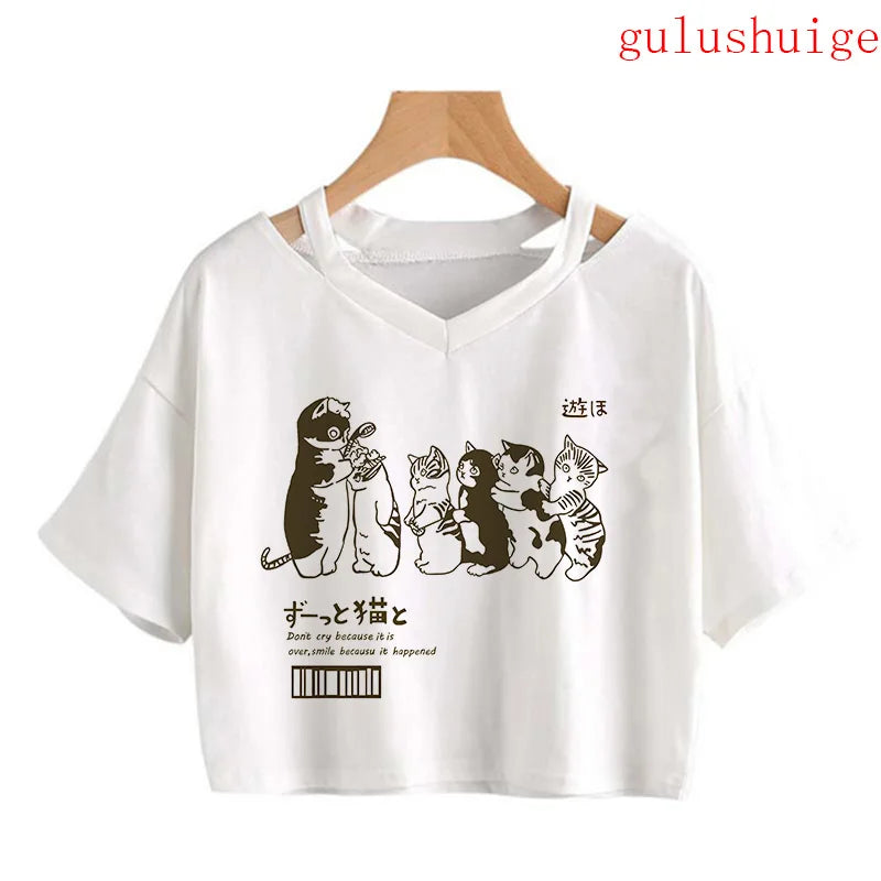Y2k Crop Top Funny Cute Cat T Shirt Women Shirt Cropped Harajuku Graphic Ulzzang T-shirt 90s Tshirt Top Tee Female Gothic
