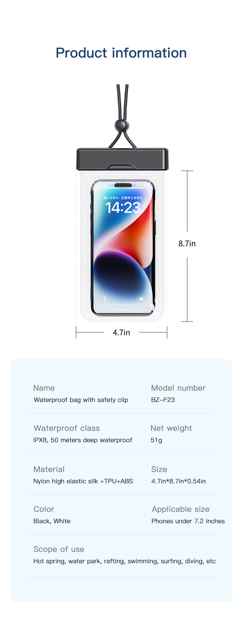 Clear Window Waterproof Phone Pouch - Touchscreen Case for Underwater Photos, Swimming, Rafting (iPhone, Huawei, Xiaomi, Android
