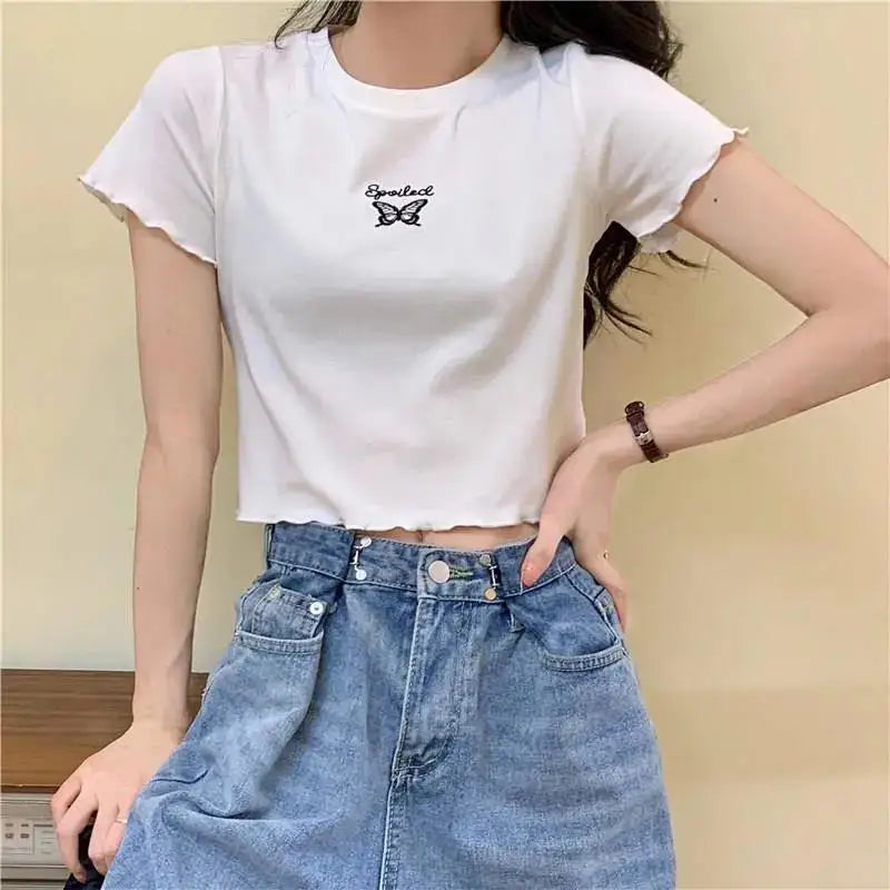 Y2K Crop Top T-shirt Women O-neck High Waist Slim Crop Top Butterfly Embroidered Short-Sleeved Tee Shirt T-shirts  Woman Clothes