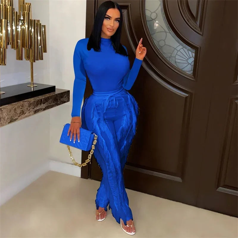 Elegant 2 Piece Sets Women Outfit 2025 Fall Winter Long Sleeve Bodysuit Top and Tassel Pants Matching Sets Ensembles Pantalons