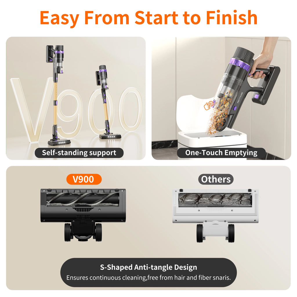 PrettyCare V900 Cordless Vacuum Cleaner 530W 52000PA Suction Power Vacuum Cleaner 62 Minutes Removable Battery Handheld Vacuum